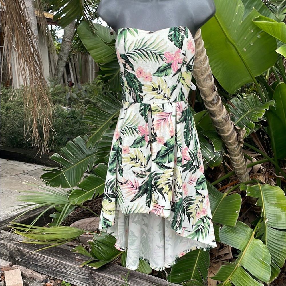 strapless floral high low skort dress